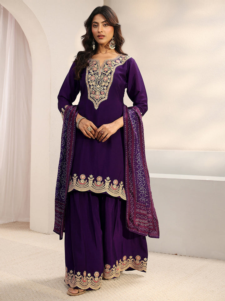 Libas Art Purple Floral Embellished Crepe Sharara Suit Set With Dupatta