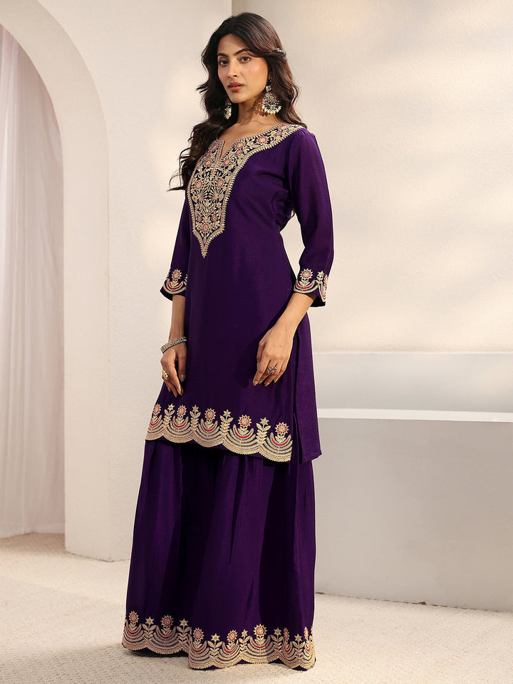 Libas Art Purple Floral Embellished Crepe Sharara Suit Set With Dupatta