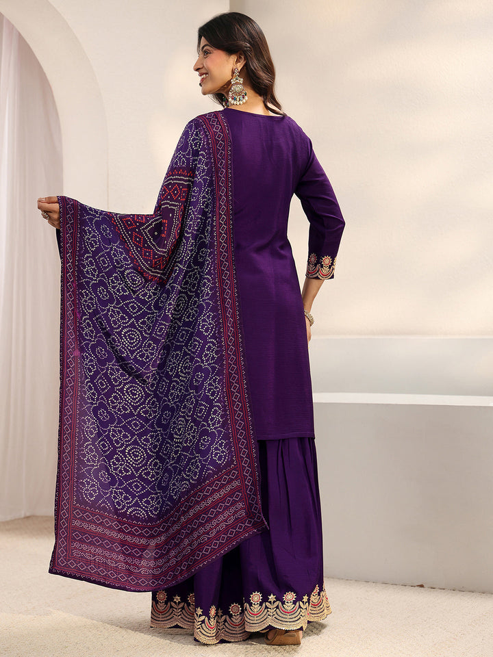 Libas Art Purple Floral Embellished Crepe Sharara Suit Set With Dupatta