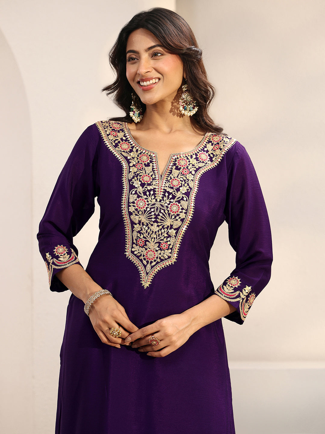 Libas Art Purple Floral Embellished Crepe Sharara Suit Set With Dupatta
