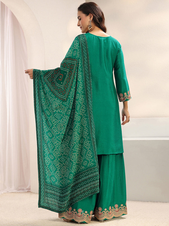 Libas Art Green Floral Embroidered Crepe Sharara Suit Set With Dupatta