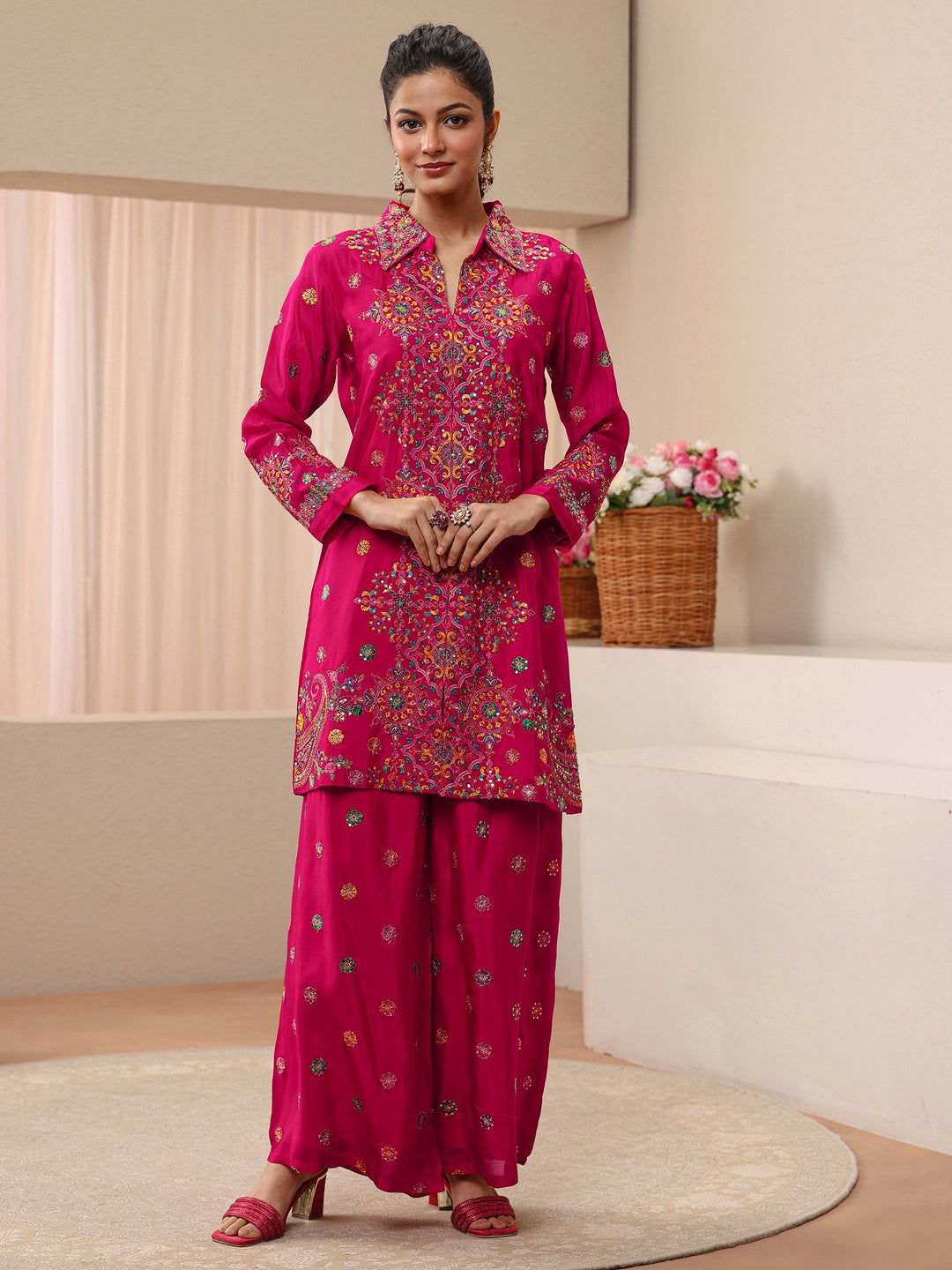 Libas Art Pink Ethnic Embroidered Crepe Co-Ord Set
