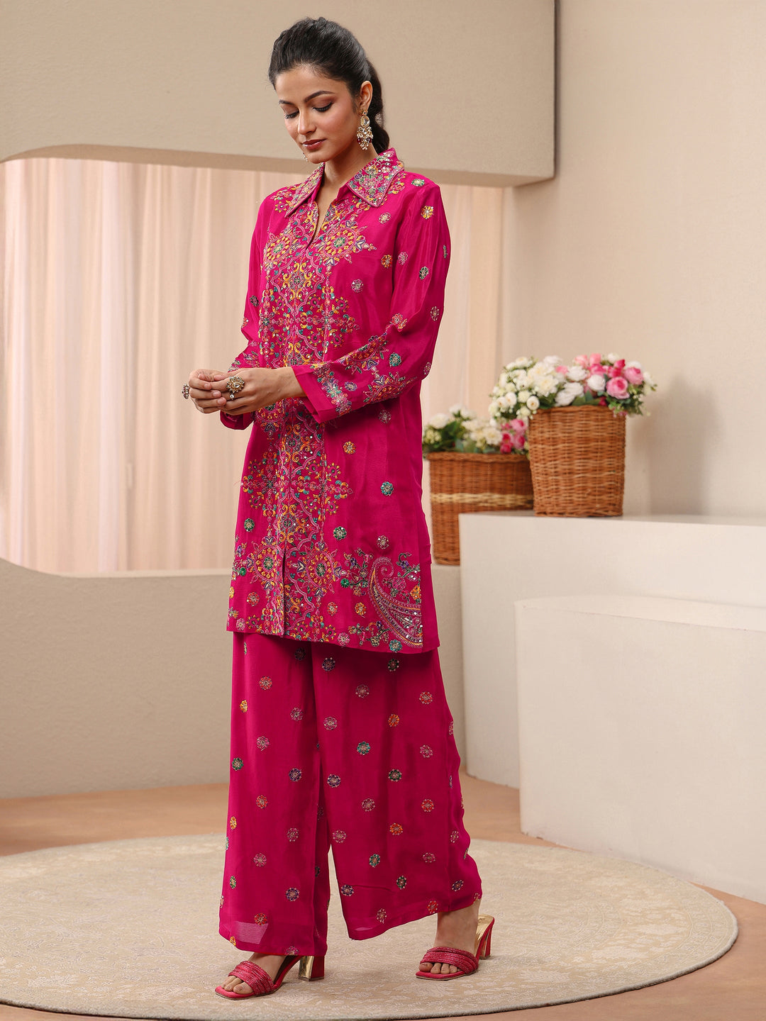 Libas Art Pink Ethnic Embroidered Crepe Co-Ord Set