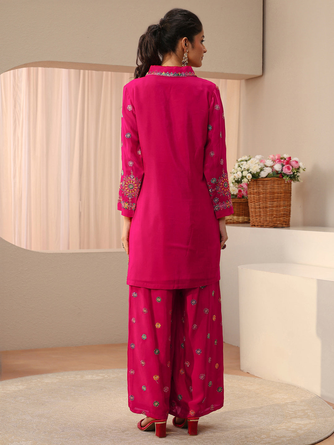 Libas Art Pink Ethnic Embroidered Crepe Co-Ord Set