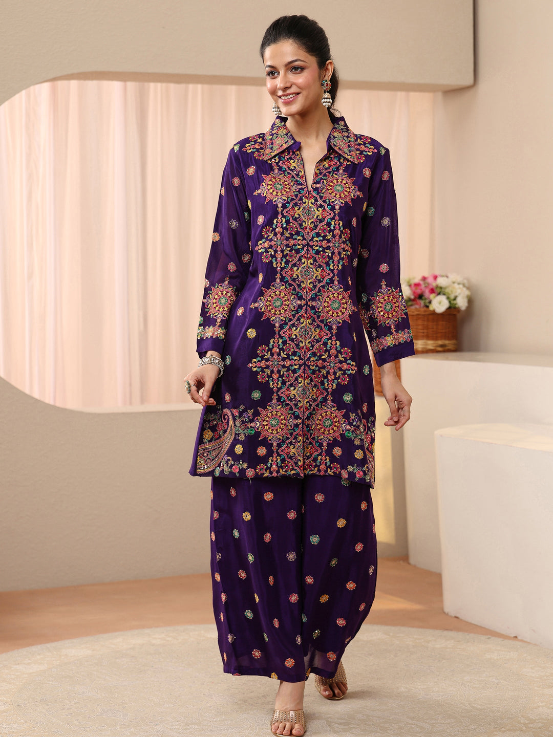Libas Art Purple Ethnic Embroidered Crepe Co-Ord Set