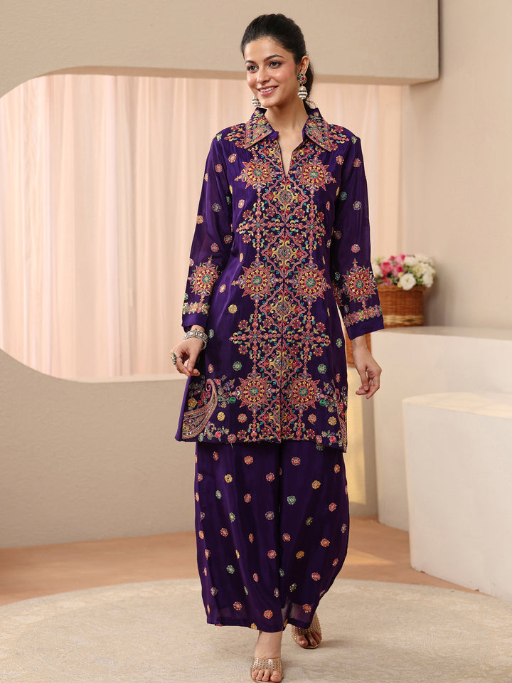 Libas Art Purple Ethnic Embroidered Crepe Co-Ord Set