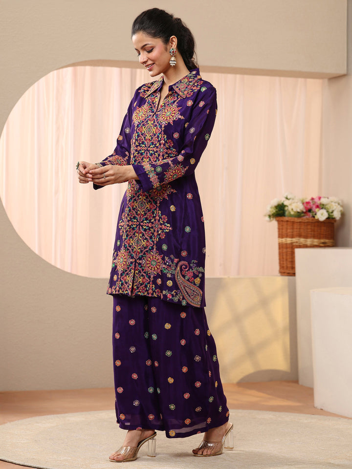 Libas Art Purple Ethnic Embroidered Crepe Co-Ord Set