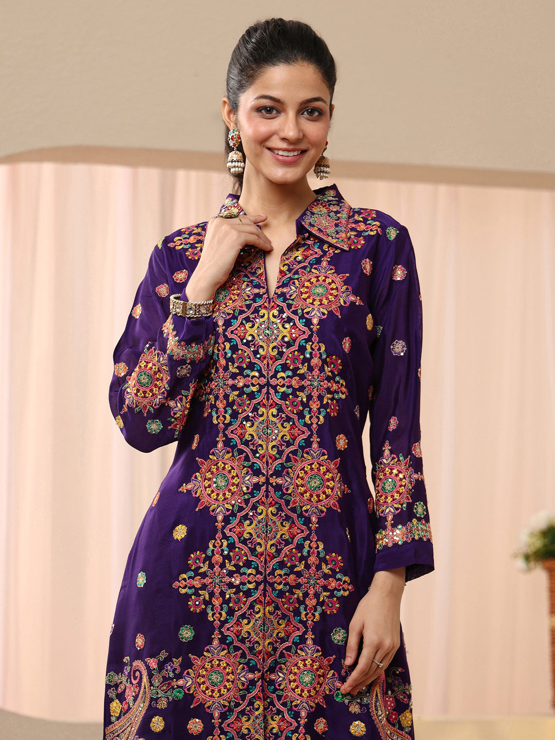 Libas Art Purple Ethnic Embroidered Crepe Co-Ord Set