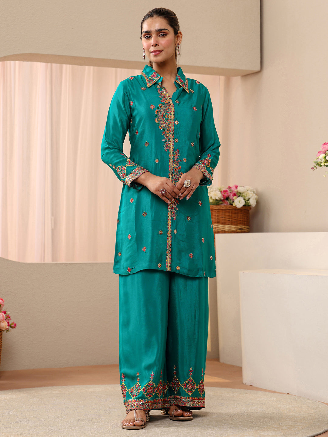 Libas Art Green Embroidered Chinon Co-Ord Set