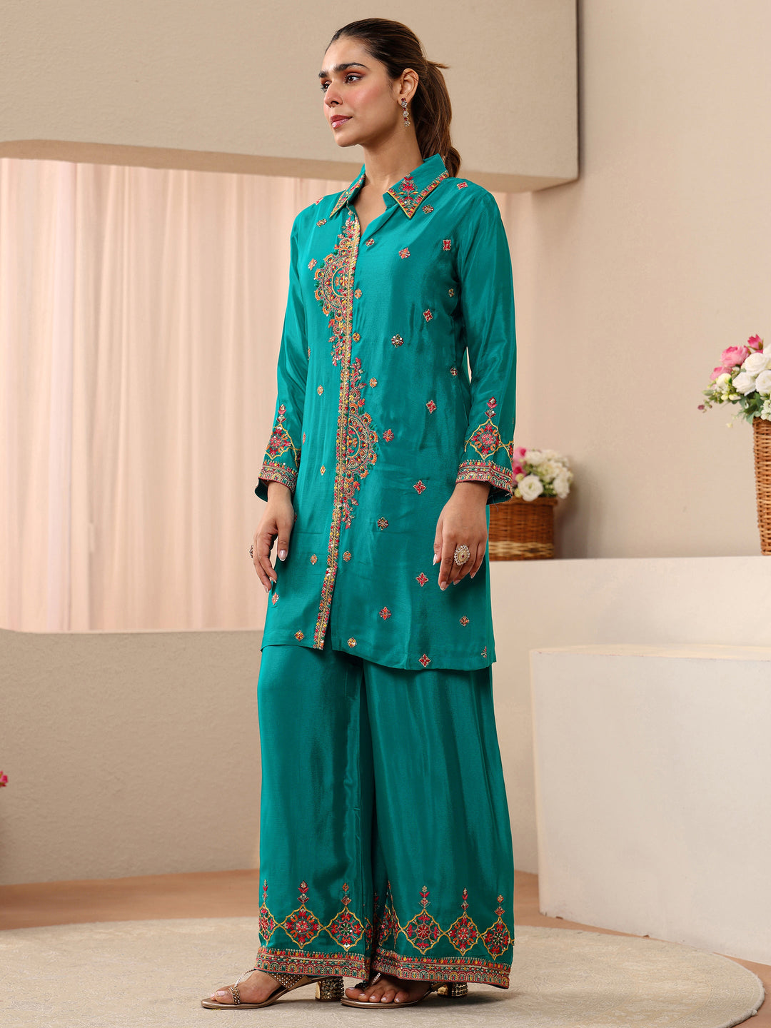 Libas Art Green Embroidered Chinon Co-Ord Set