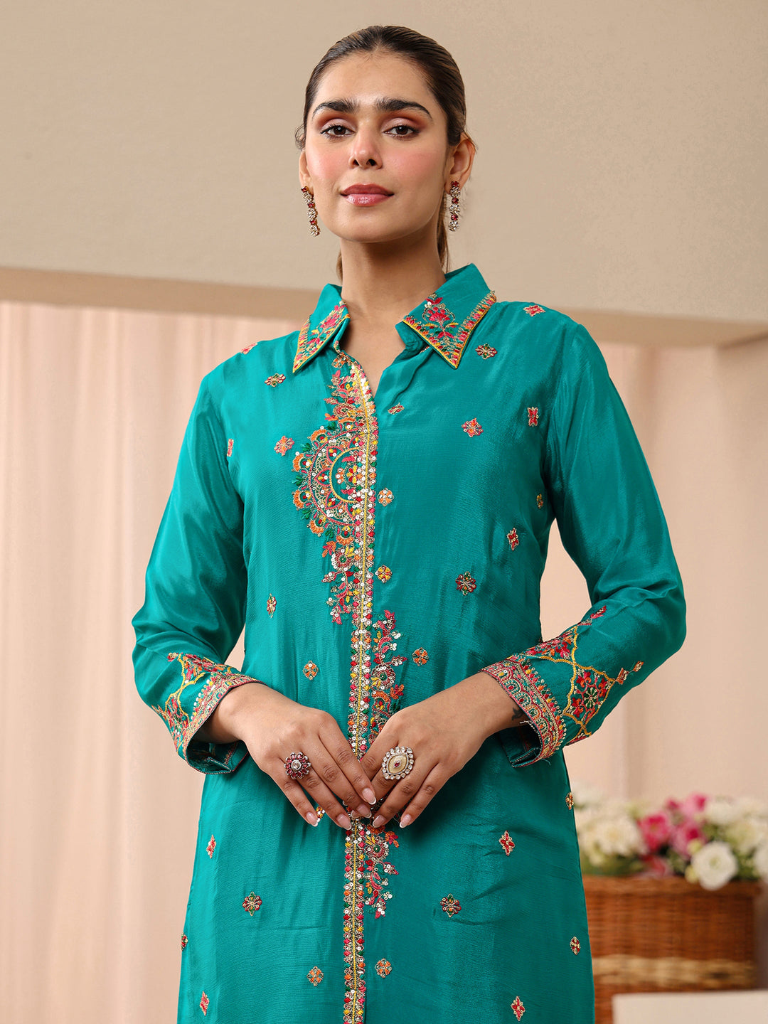 Libas Art Green Embroidered Chinon Co-Ord Set
