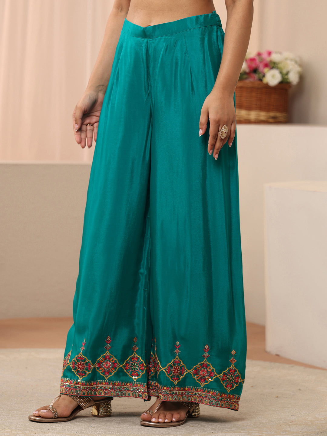 Libas Art Green Embroidered Chinon Co-Ord Set