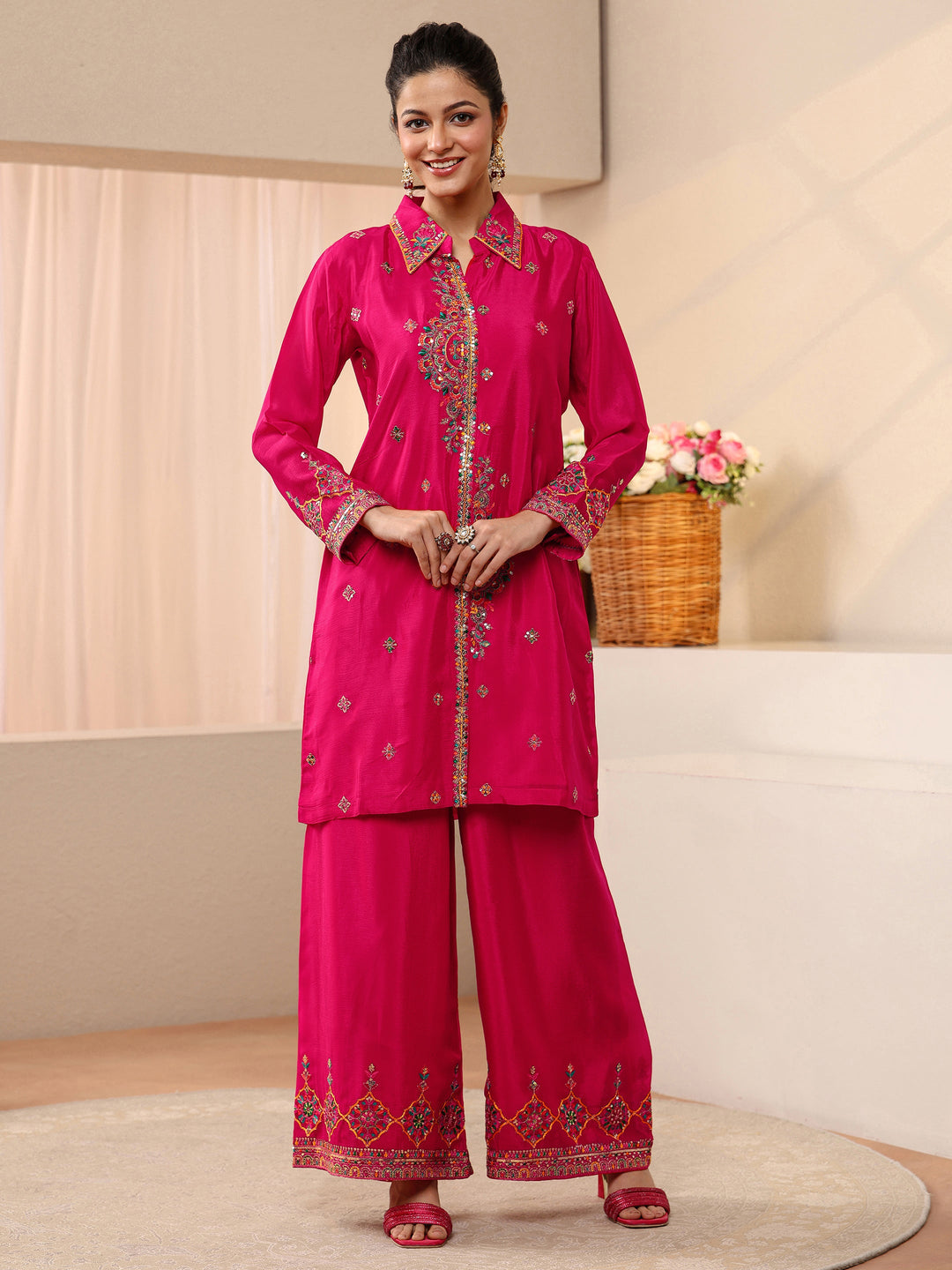 Libas Art Fuchsia Pink Embroidered Chinon Co-Ord Set