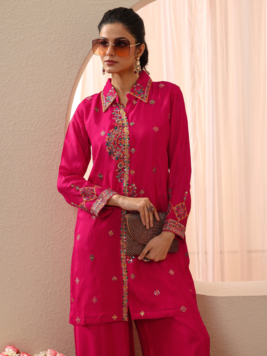 Libas Art Fuchsia Pink Embroidered Chinon Co-Ord Set