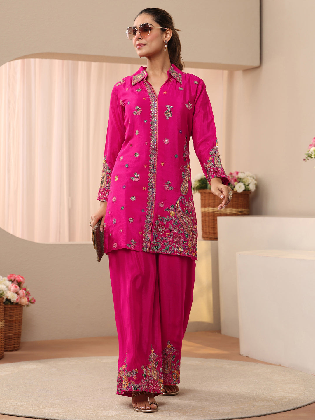 Libas Art Pink Floral Embroidered Crepe Co-Ord Set