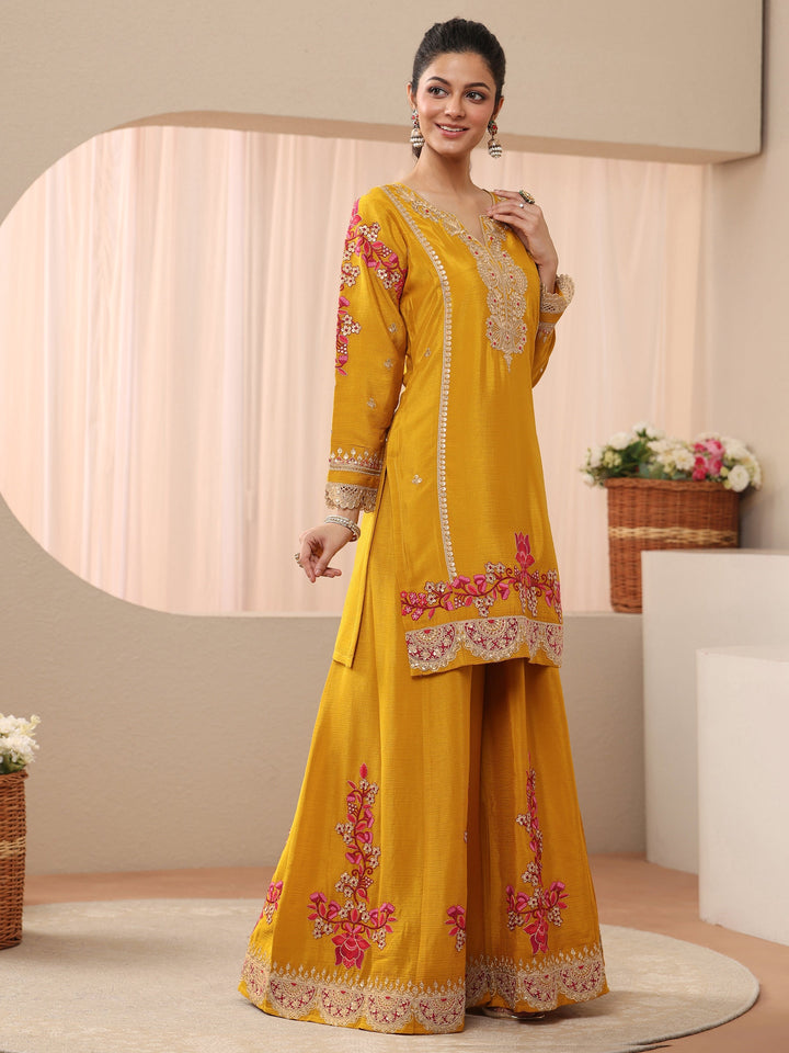 Libas Art Mustard Floral Embroidered Chinon Straight Suit Set With Dupatta
