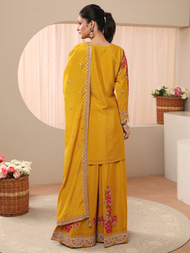 Libas Art Mustard Floral Embroidered Chinon Straight Suit Set With Dupatta