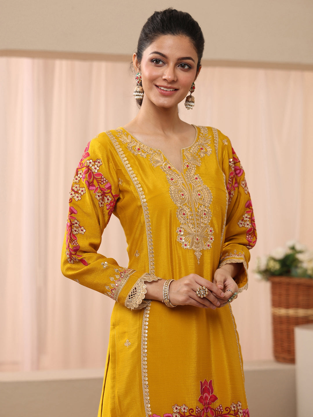 Libas Art Mustard Floral Embroidered Chinon Straight Suit Set With Dupatta