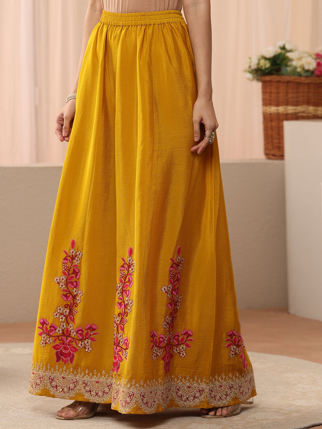 Libas Art Mustard Floral Embroidered Chinon Straight Suit Set With Dupatta