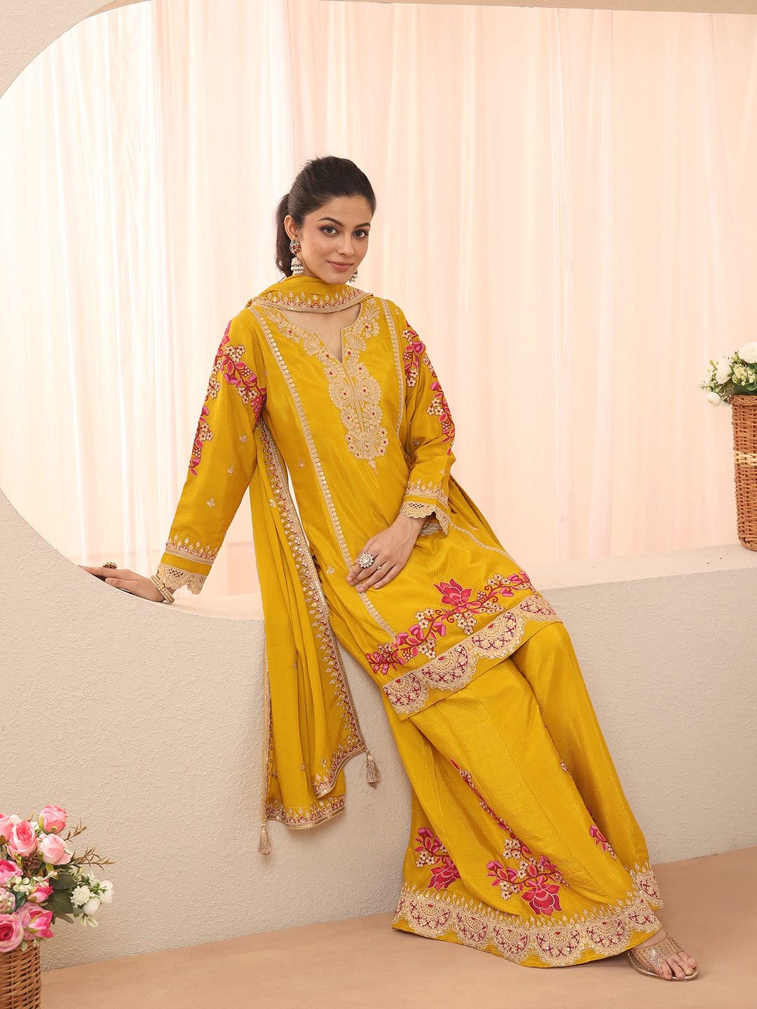 Libas Art Mustard Floral Embroidered Chinon Straight Suit Set With Dupatta