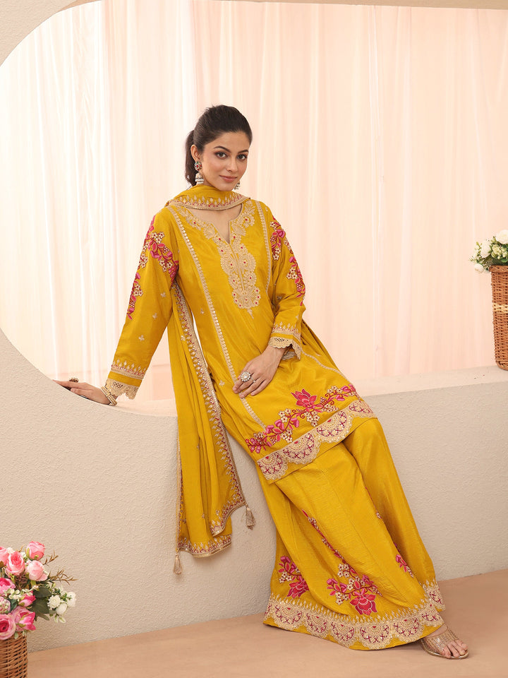 Libas Art Mustard Floral Embroidered Chinon Straight Suit Set With Dupatta