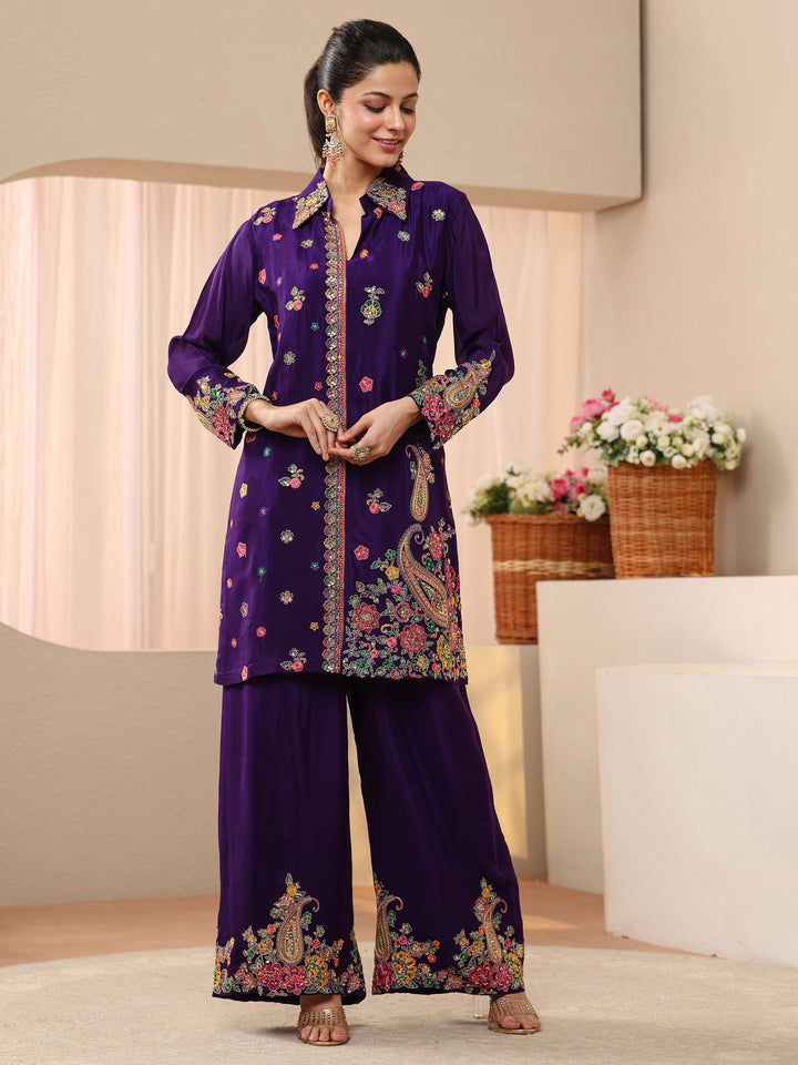 Libas Art Purple Floral Embroidered Crepe Co-Ord Set