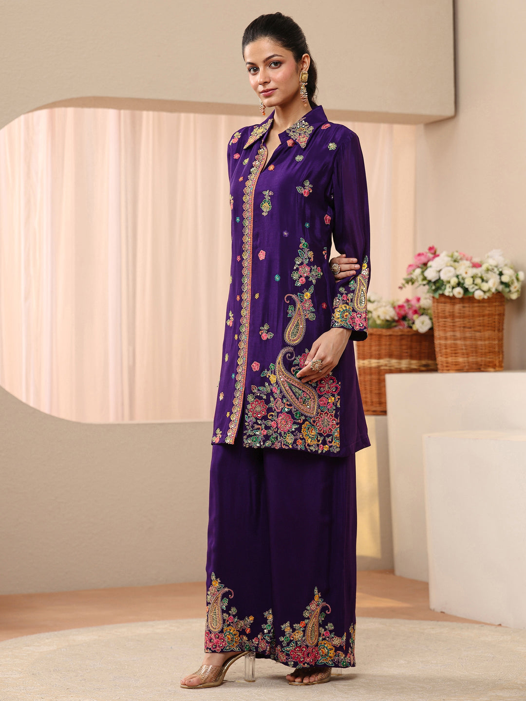 Libas Art Purple Floral Embroidered Crepe Co-Ord Set
