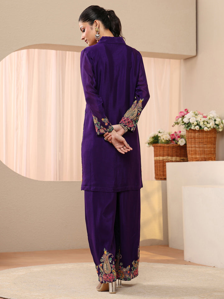 Libas Art Purple Floral Embroidered Crepe Co-Ord Set