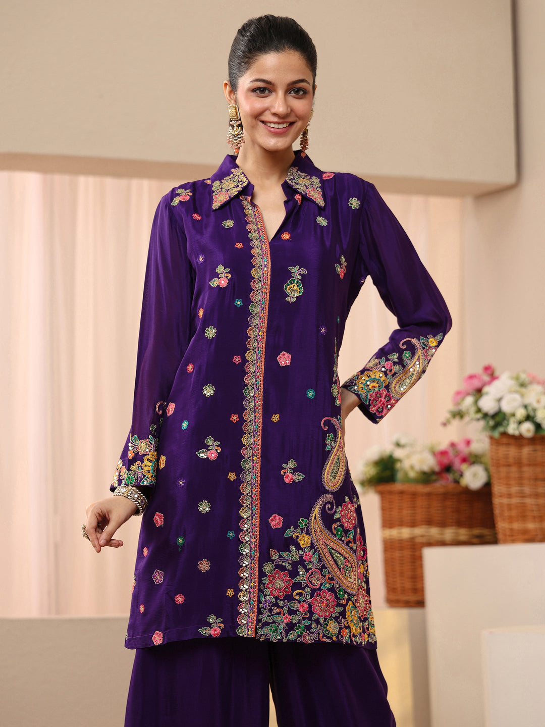 Libas Art Purple Floral Embroidered Crepe Co-Ord Set