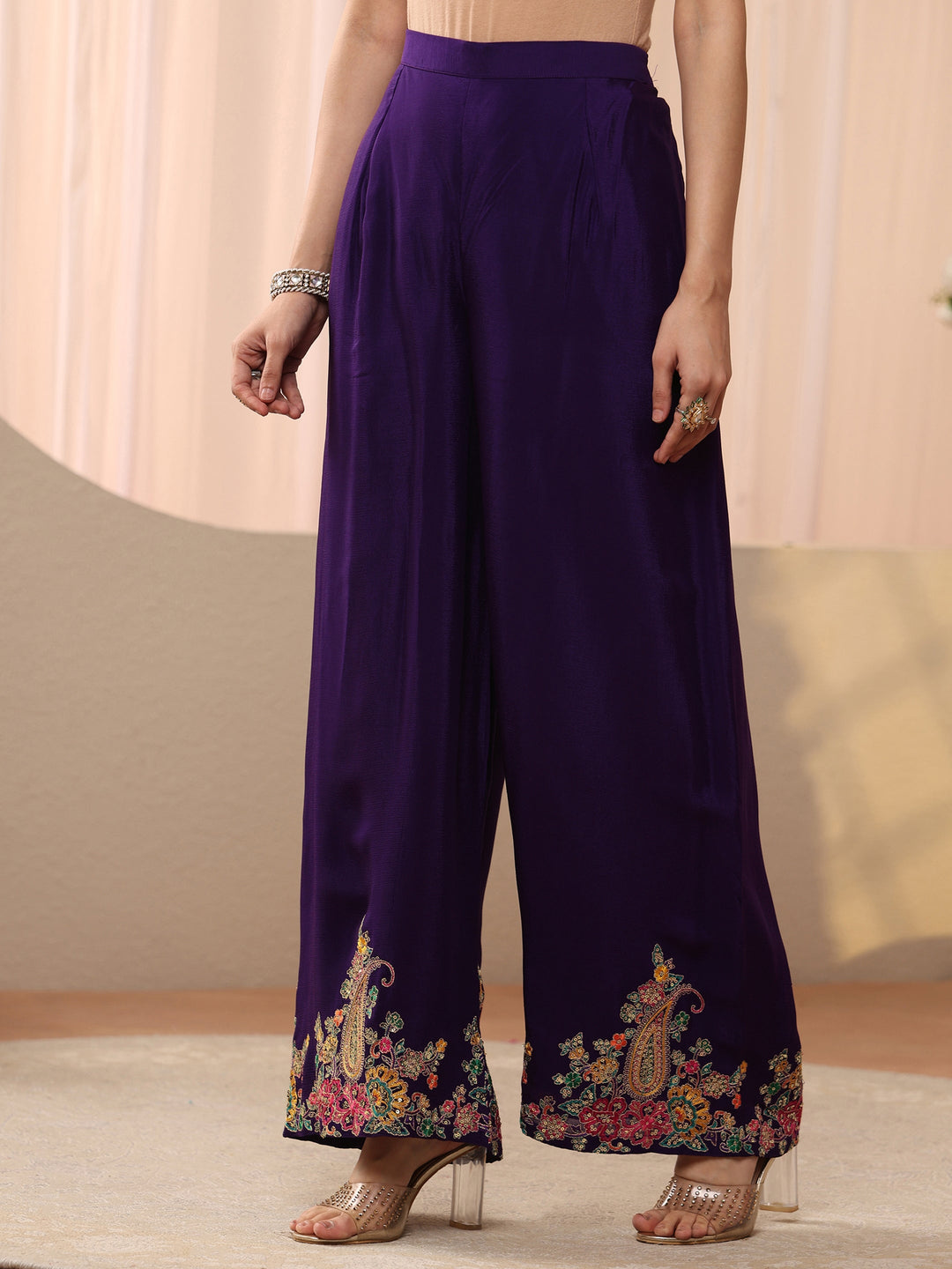 Libas Art Purple Floral Embroidered Crepe Co-Ord Set
