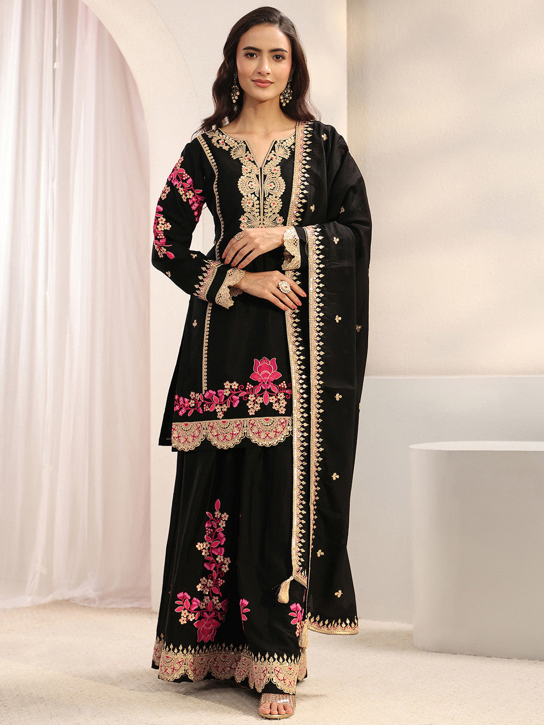 Libas Art Black Floral Embroidered Chinon Palazzo Suit Set With Dupatta