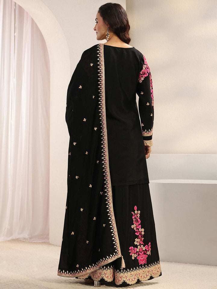 Libas Art Black Floral Embroidered Chinon Palazzo Suit Set With Dupatta