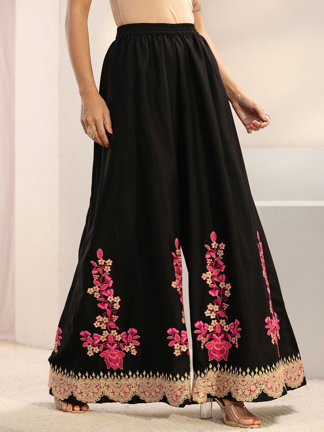Libas Art Black Floral Embroidered Chinon Palazzo Suit Set With Dupatta