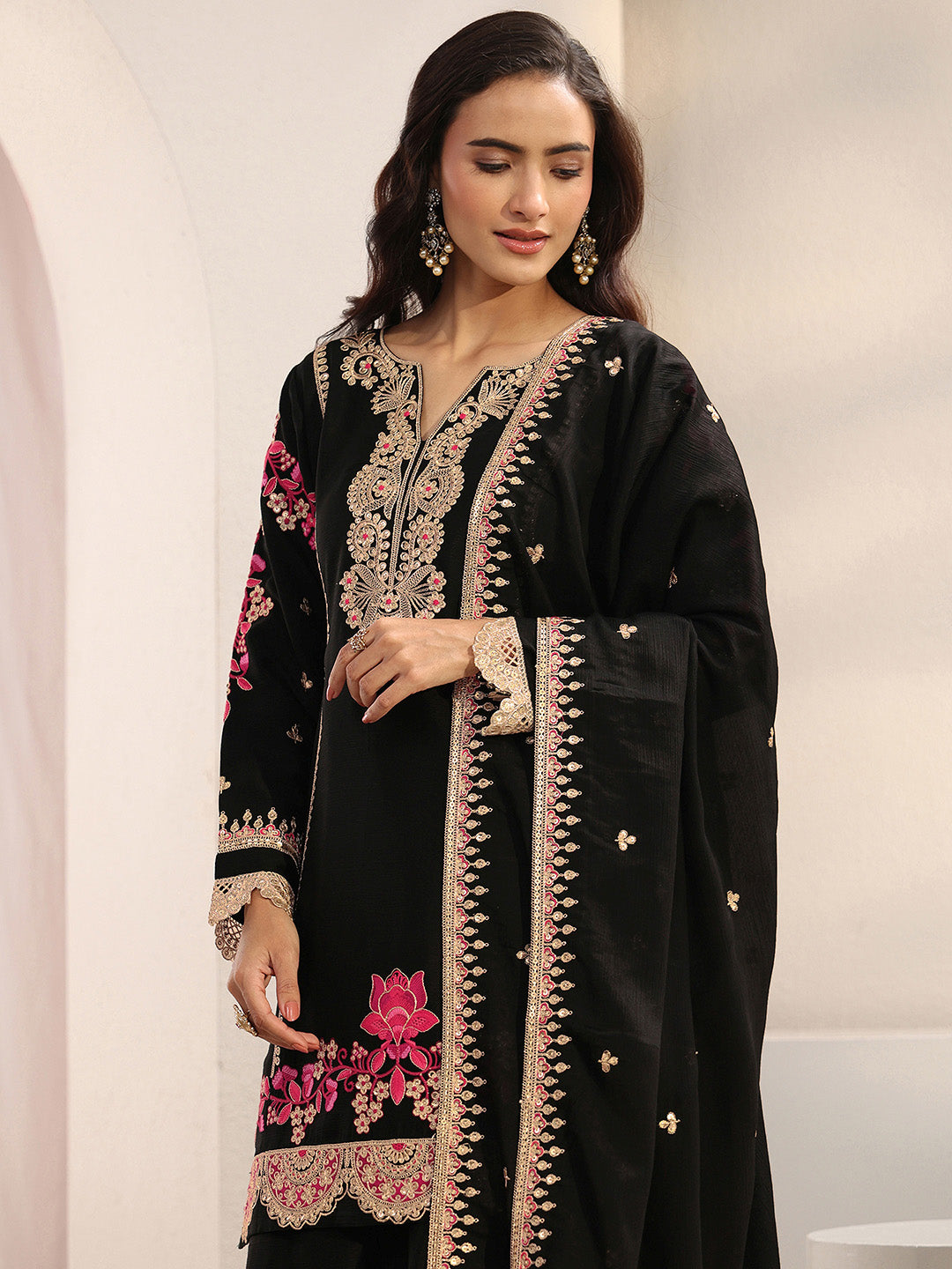 Libas Art Black Floral Embroidered Chinon Palazzo Suit Set With Dupatta