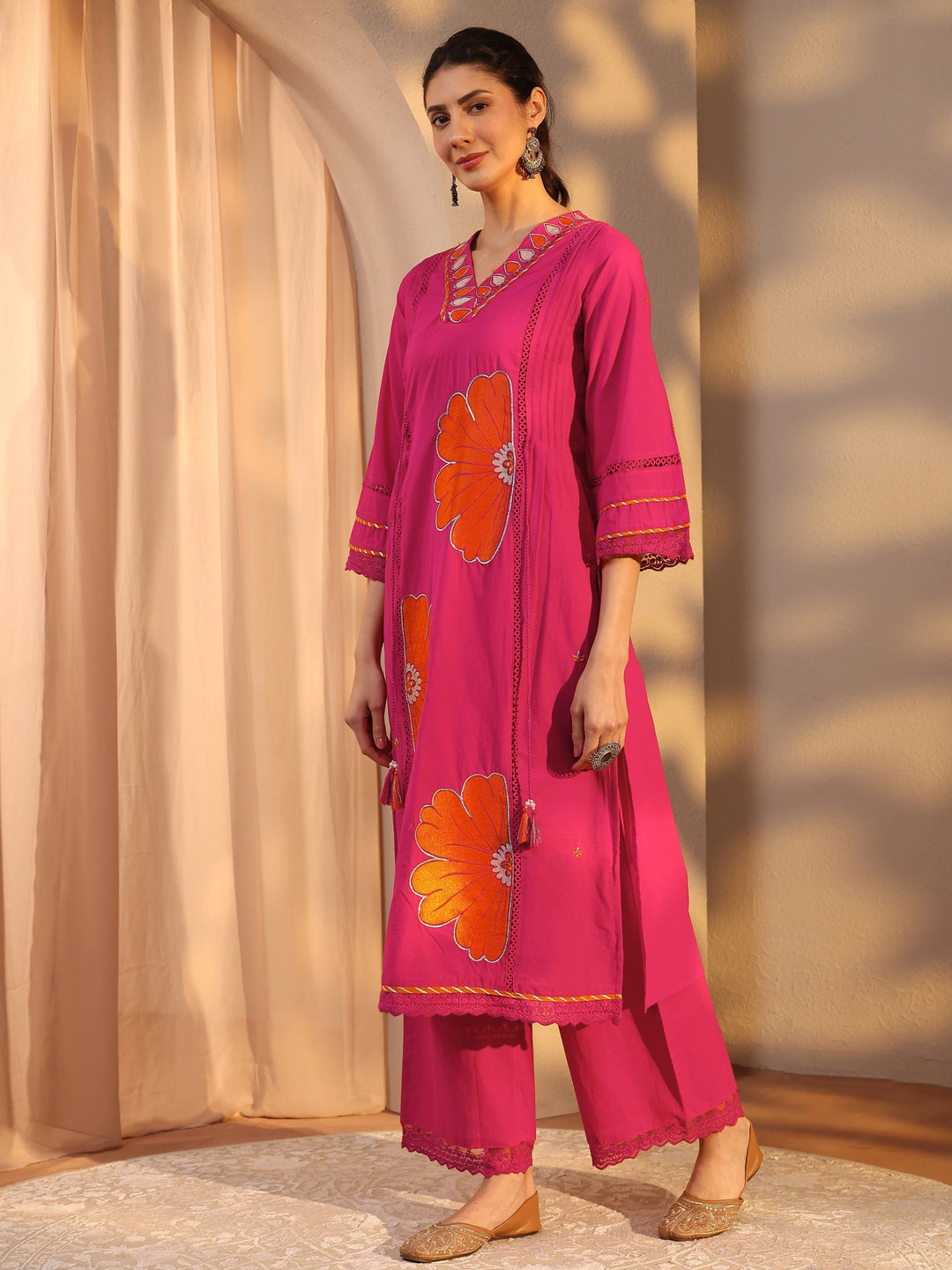 Pink Floral Embroidered Cotton Straight Suit Set With Dupatta