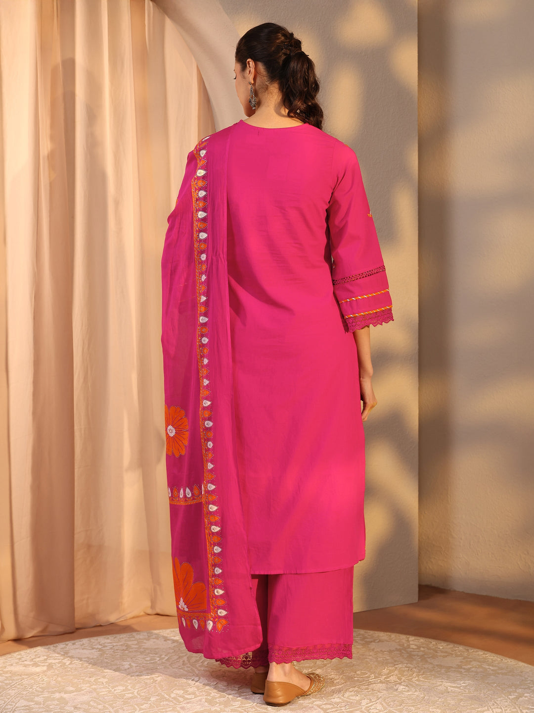 Pink Floral Embroidered Cotton Straight Suit Set With Dupatta