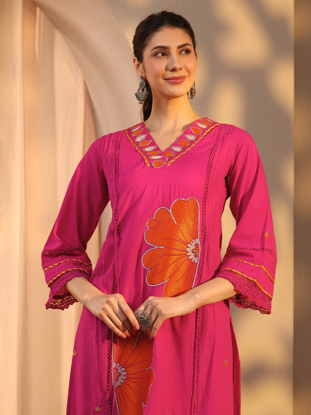 Pink Floral Embroidered Cotton Straight Suit Set With Dupatta