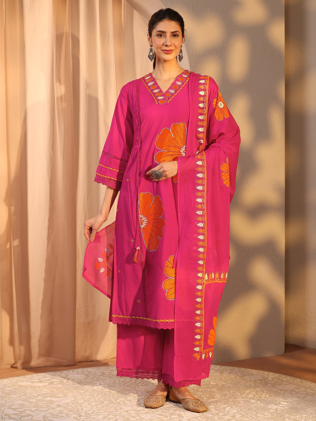 Pink Floral Embroidered Cotton Straight Suit Set With Dupatta