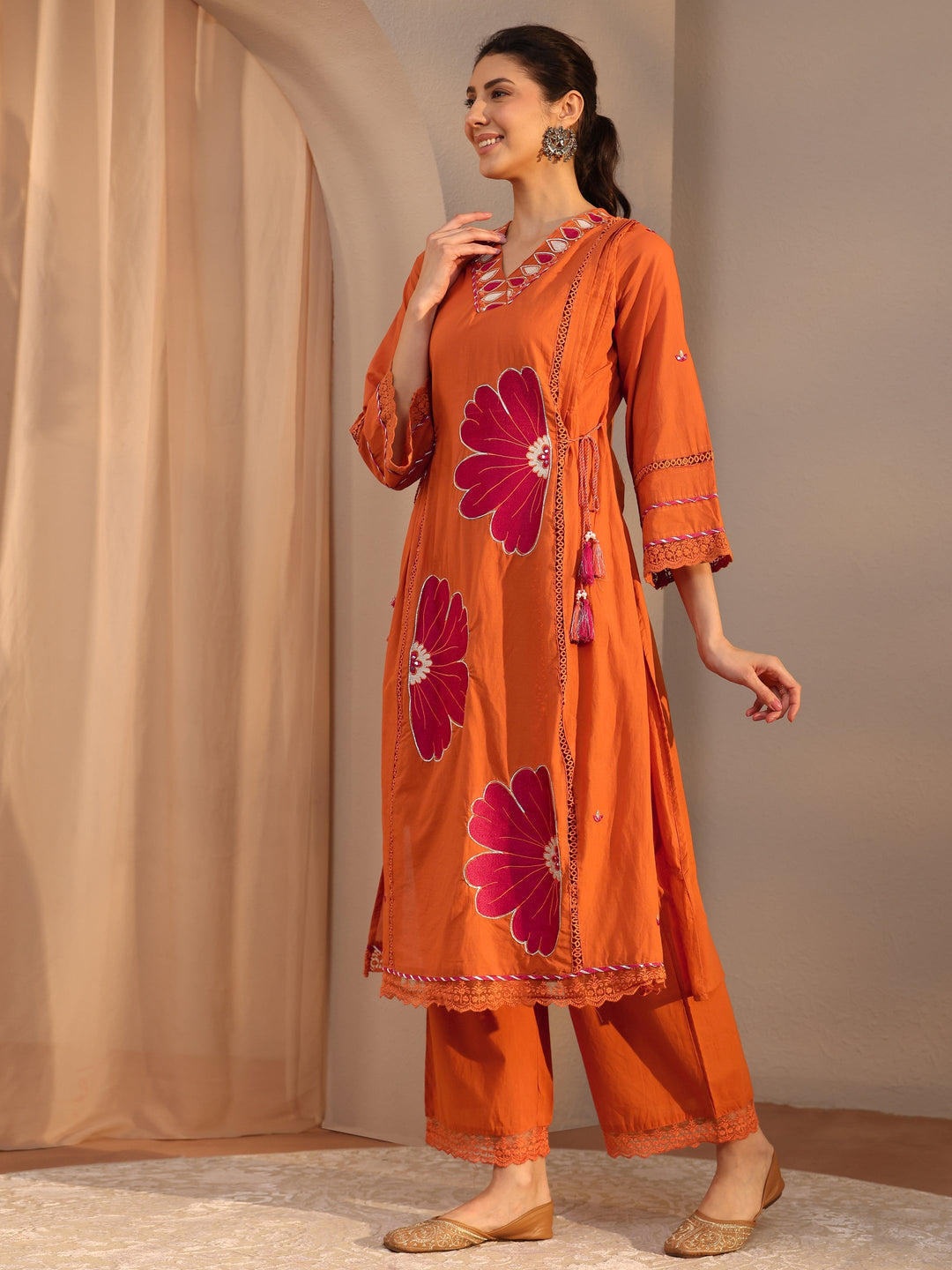 Orange Floral Embroidered Cotton Straight Suit Set With Dupatta