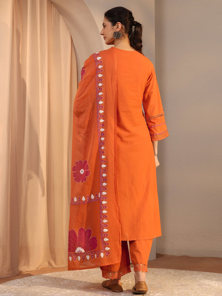 Orange Floral Embroidered Cotton Straight Suit Set With Dupatta