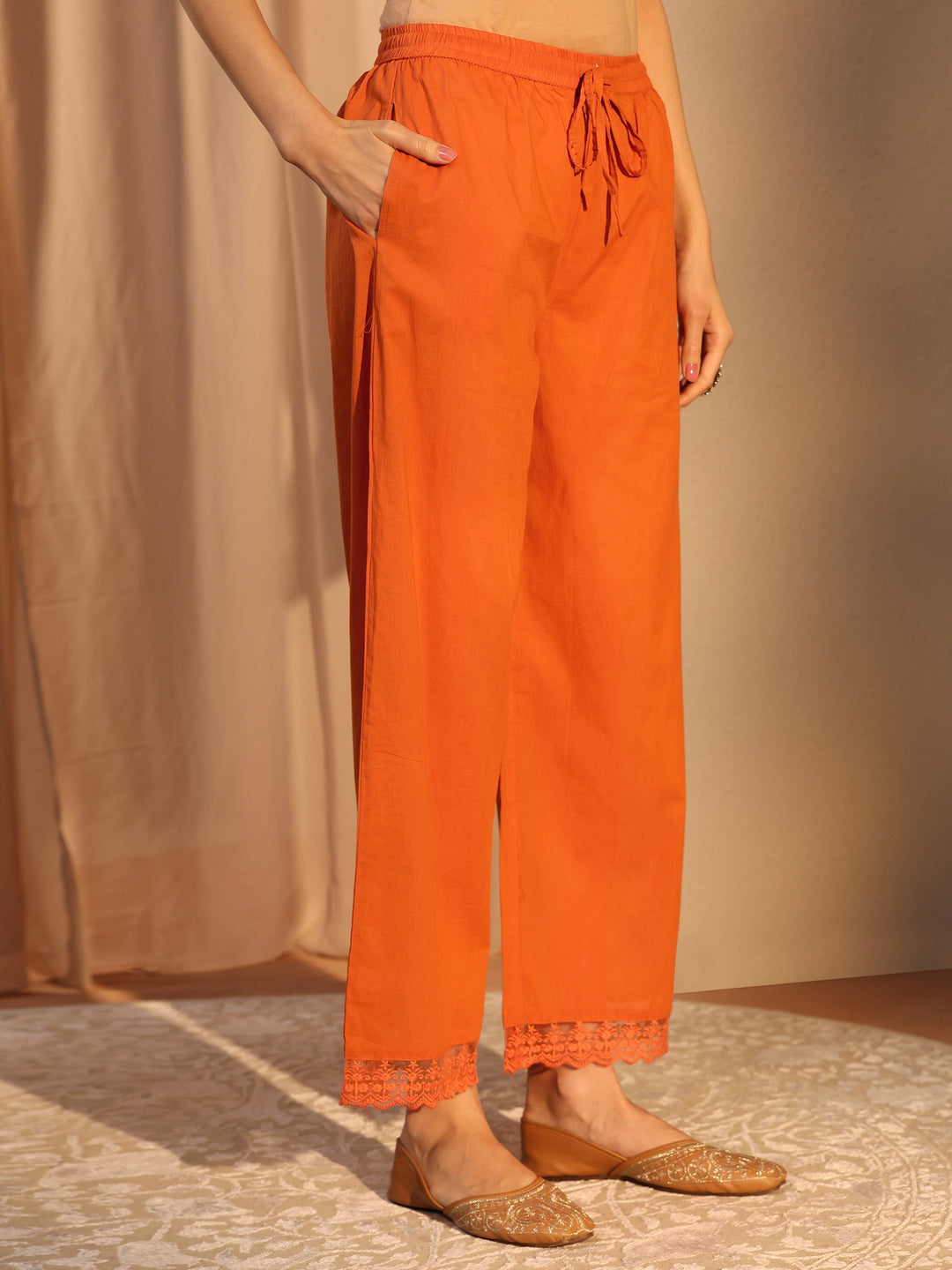 Orange Floral Embroidered Cotton Straight Suit Set With Dupatta
