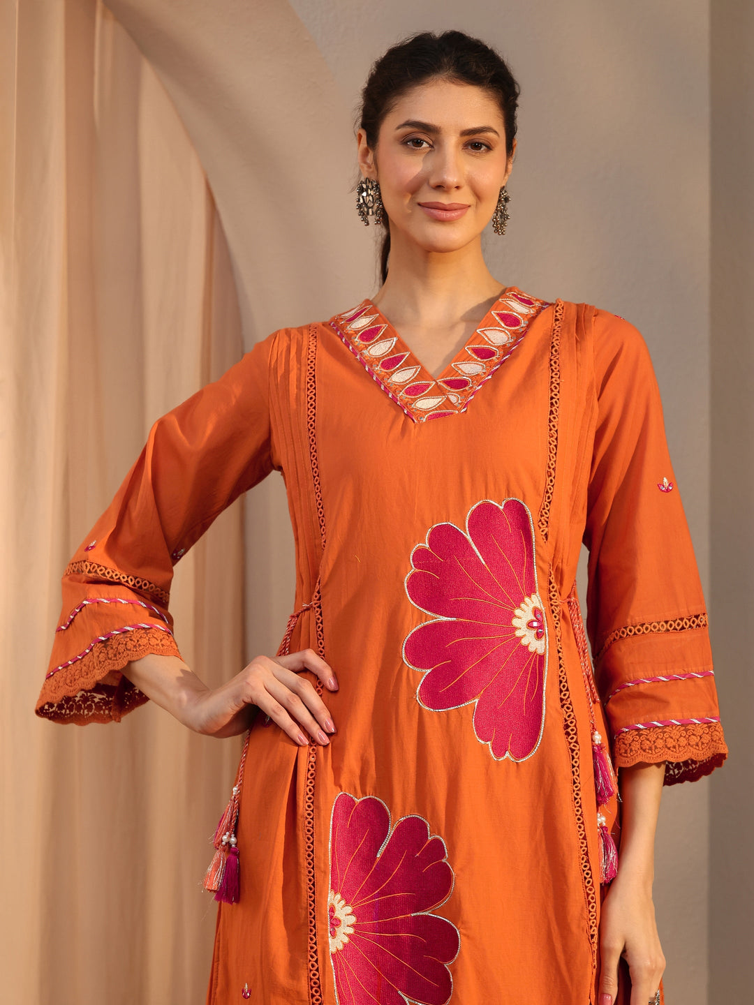 Orange Floral Embroidered Cotton Straight Suit Set With Dupatta