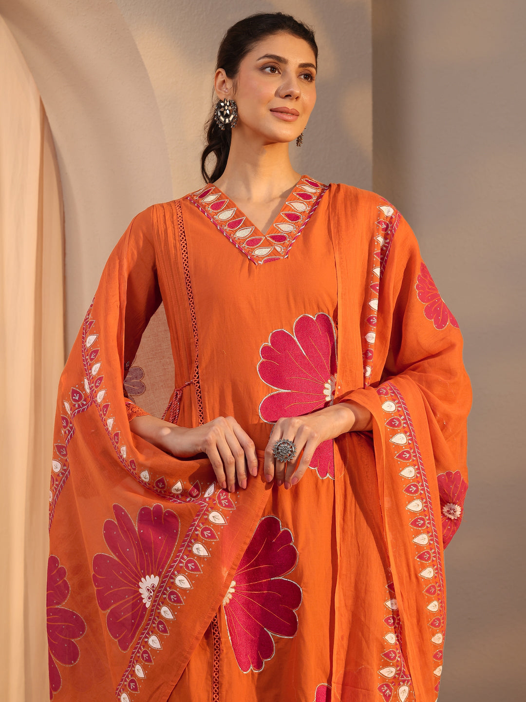 Orange Floral Embroidered Cotton Straight Suit Set With Dupatta