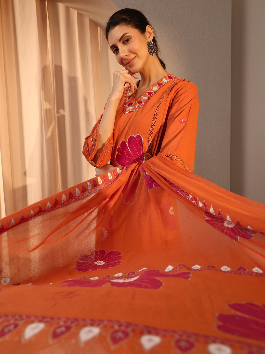 Orange Floral Embroidered Cotton Straight Suit Set With Dupatta