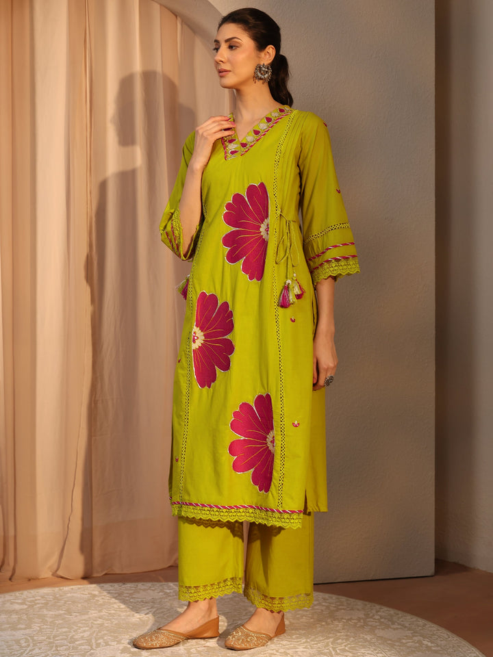 Green Floral Embroidered Cotton Straight Suit Set With Dupatta