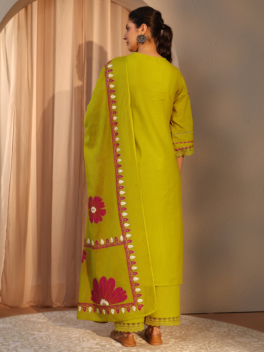Green Floral Embroidered Cotton Straight Suit Set With Dupatta