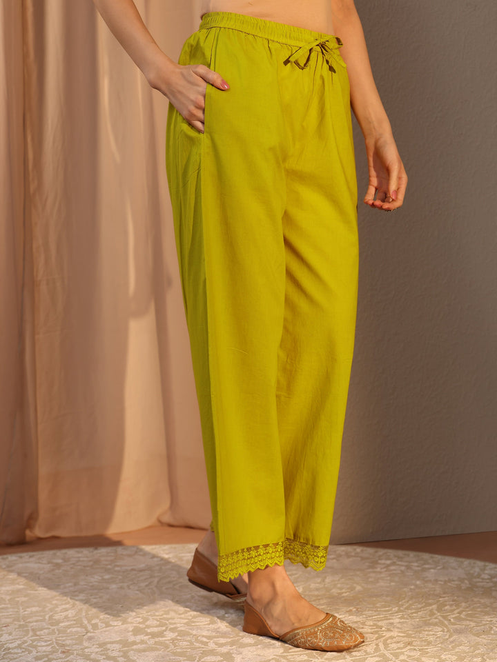 Green Floral Embroidered Cotton Straight Suit Set With Dupatta