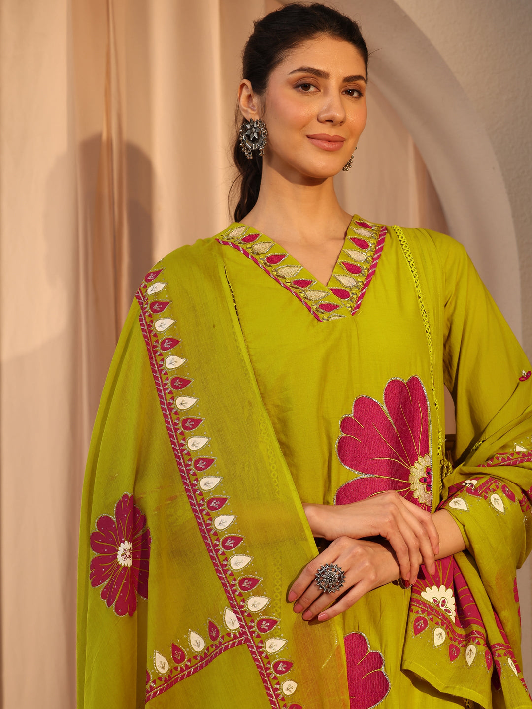 Green Floral Embroidered Cotton Straight Suit Set With Dupatta