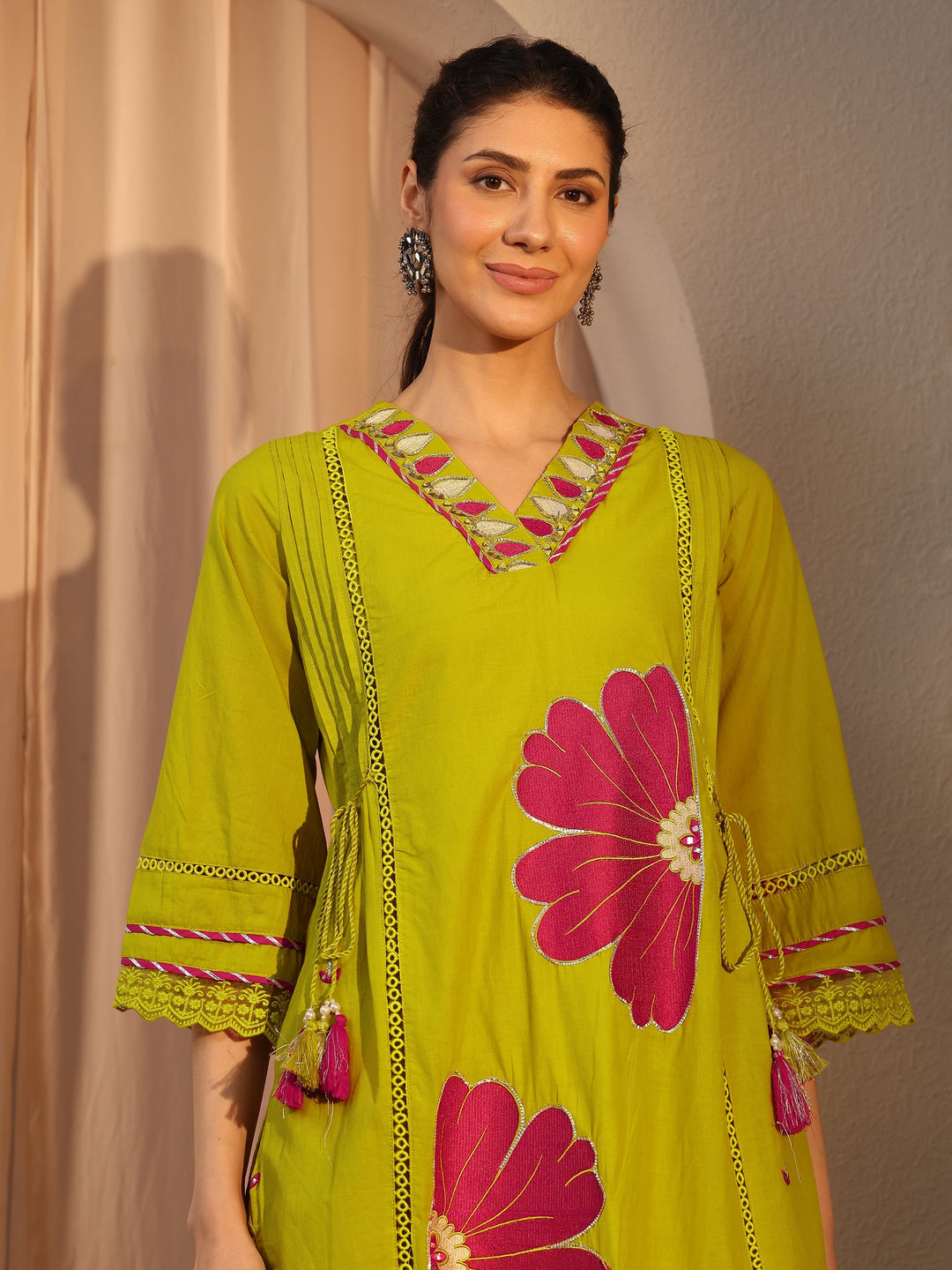 Green Floral Embroidered Cotton Straight Suit Set With Dupatta