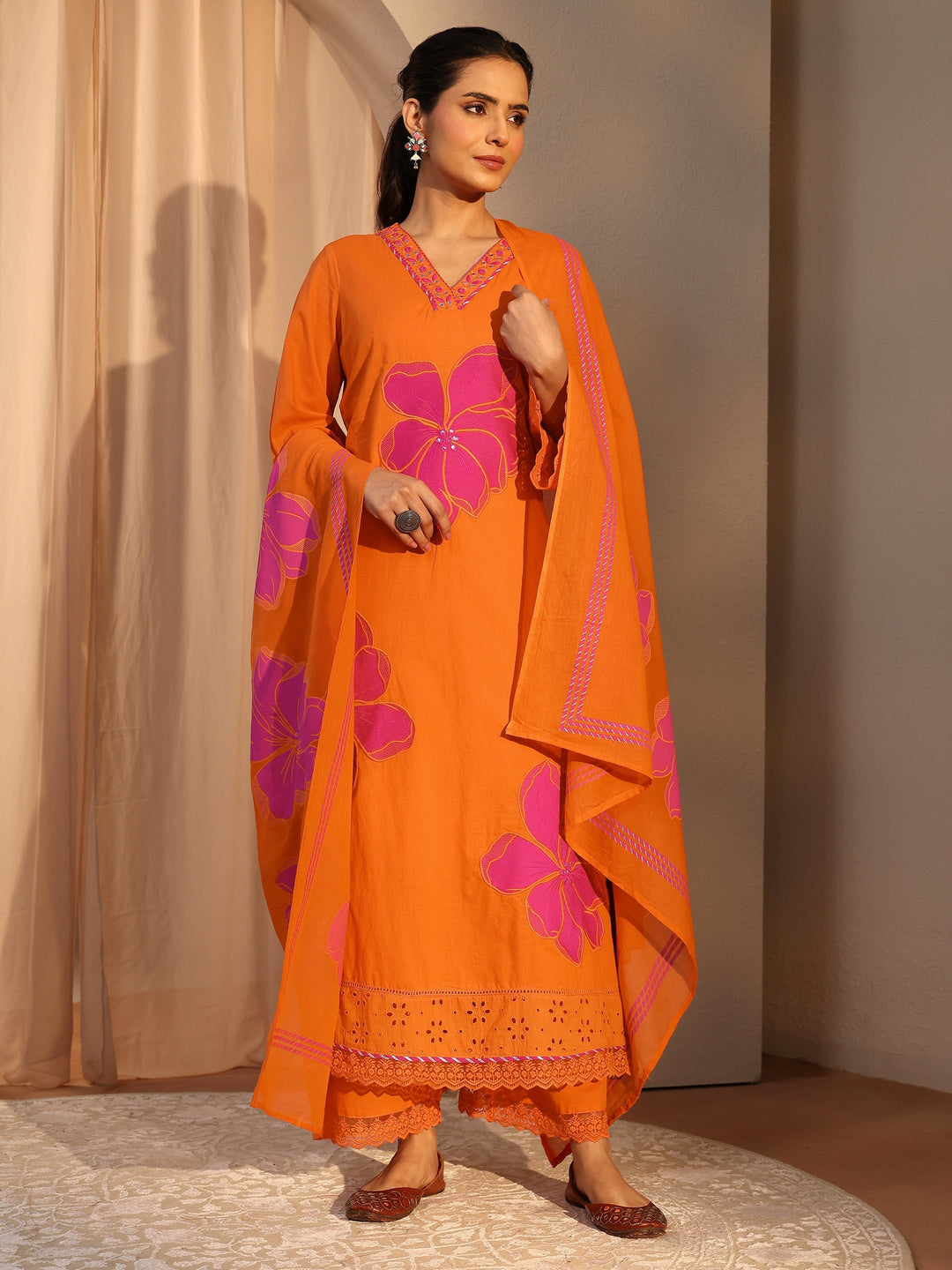 Orange Floral Embroidered Cotton Straight Suit Set With Dupatta